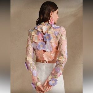 ANEWSTA 3D Floral Decor Long Sleeve Mesh 3D Embroidered Sheer Top Small NWT!